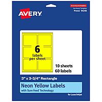 Avery Printable Rectangle Labels, Sure Feed Technology, 3" x 3.75", Neon Yellow Labels, Print-to-The-Edge