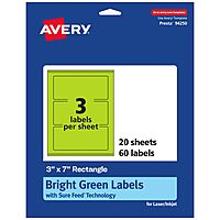 Avery Printable Rectangle Labels, Sure Feed Technology, 3" x 7", Bright Green, Print-to-The-Edge, Laser/Inkjet Printable