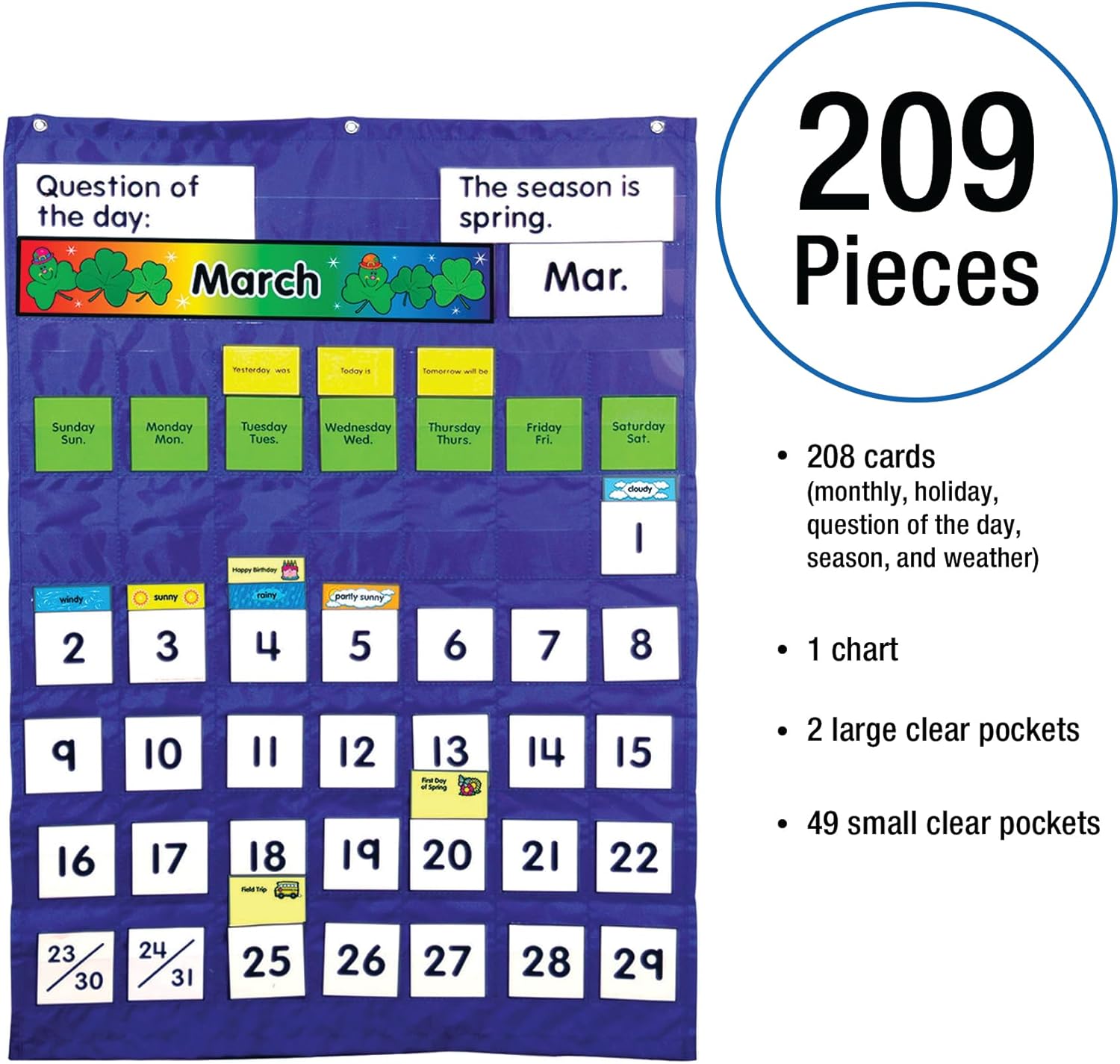 Carson Dellosa 26" x 37.25" Weather and Monthly Calendar Pocket Chart, Months, Days of The Week, Dates, and Season Cards for Circle Time Learning Center, Homeschool, or Classroom Organization