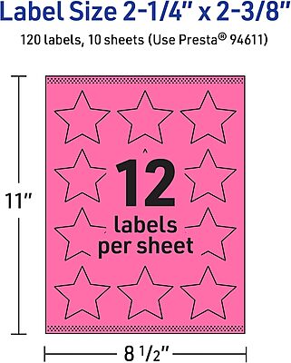 Avery Printable Star Labels, Sure Feed Technology, 2-1/4" x 2-3/8", Bright Pink, Print-to-The-Edge, Laser/Inkjet