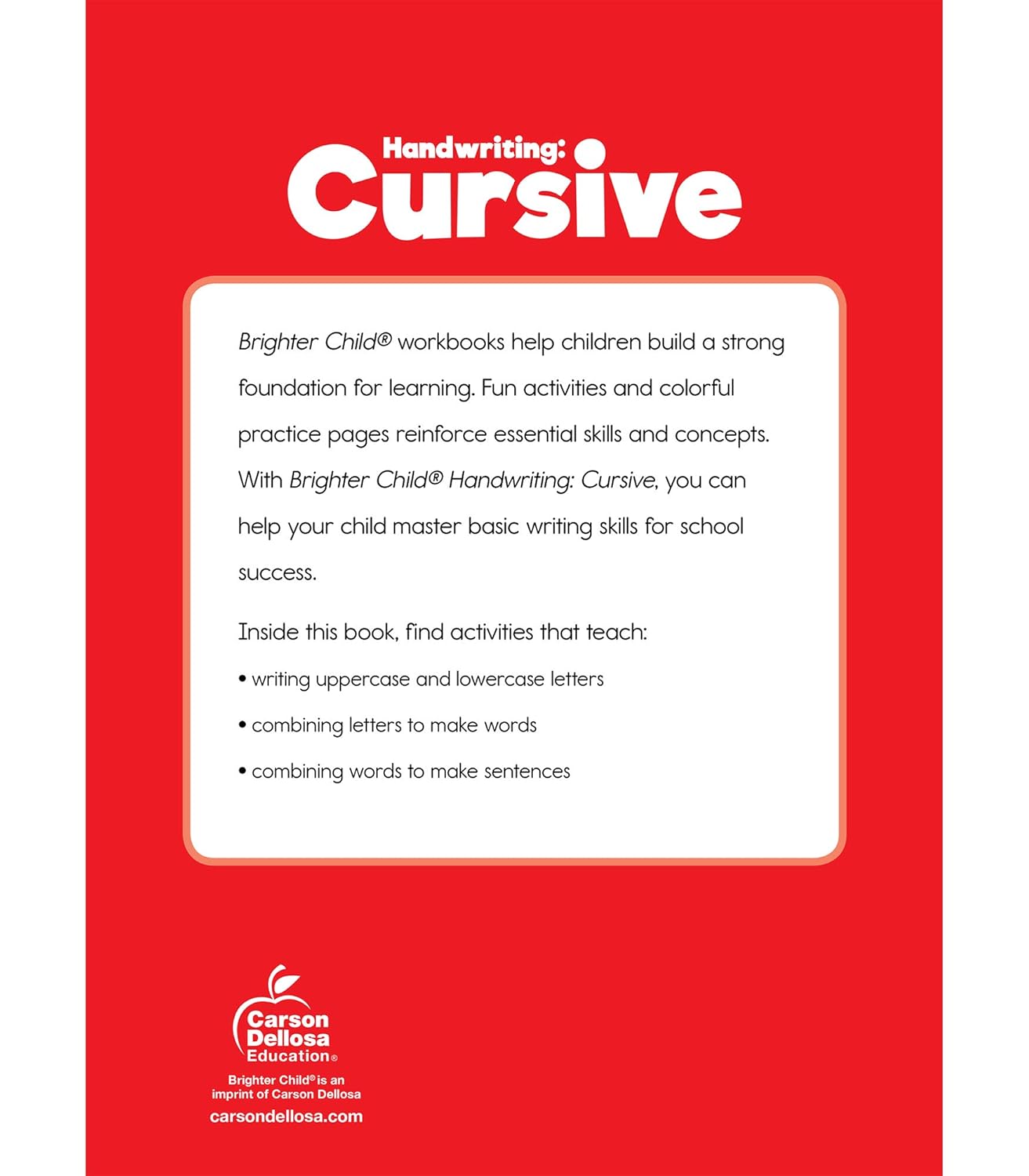 Carson Dellosa Grades 2-5 Cursive Handwriting Workbook, Writing Book With Sight Words, Sentences