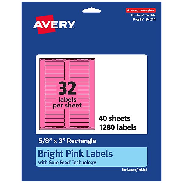 Avery Printable Rectangle Labels, Sure Feed Technology, 5/8" x 3", Bright Pink, Laser/Inkjet Printable