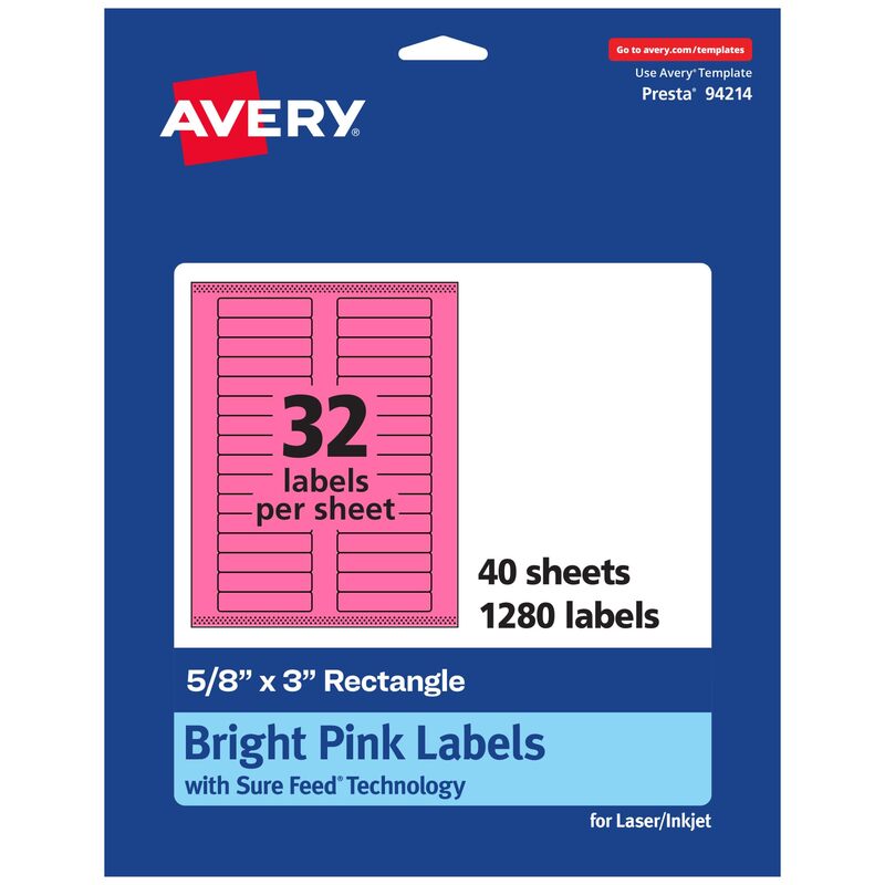 Avery Printable Rectangle Labels, Sure Feed Technology, 5/8" x 3", Bright Pink, Laser/Inkjet Printable