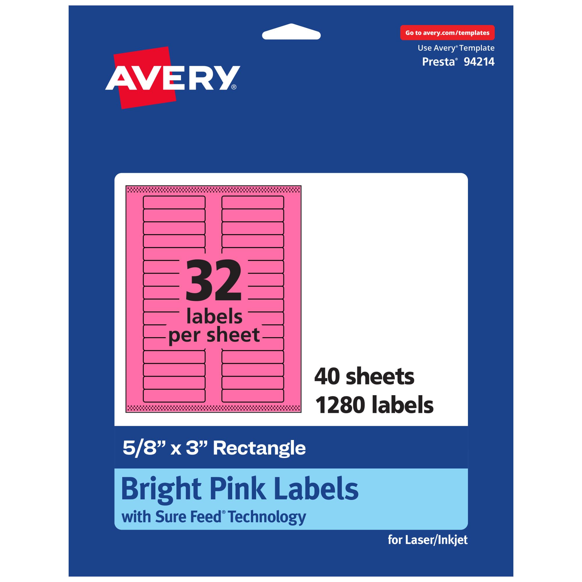 Avery Printable Rectangle Labels, Sure Feed Technology, 5/8" x 3", Bright Pink, Laser/Inkjet Printable