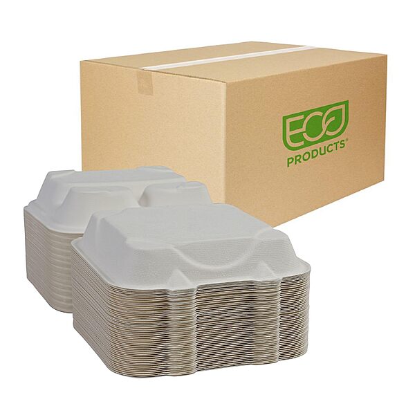ECO PRODUCTS Compostable 8" Clamshell To Go Containers, Case of 200, 3 Compartment, Square Take Out Food Box, White Renewable Molded Fiber, Microwaveable & Freezable, Grease & Cut Resistant, ASTM