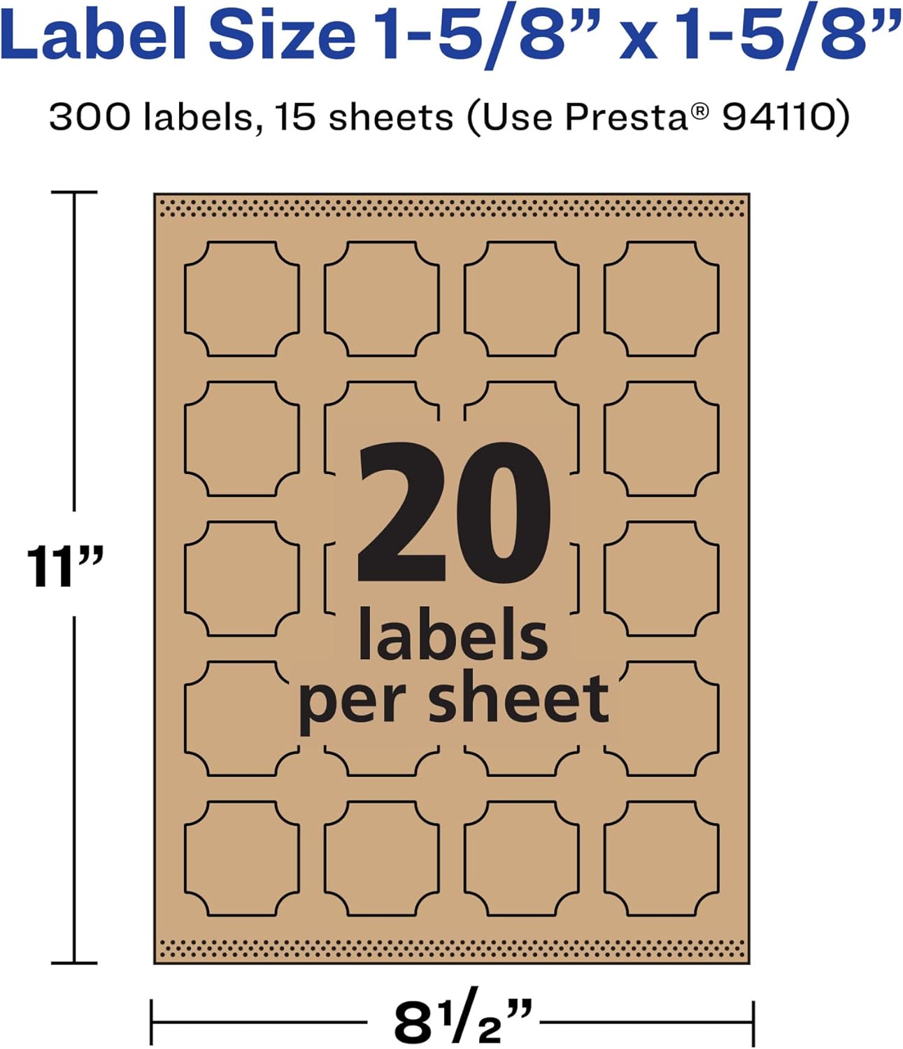 Avery Kraft Brown Square Scalloped Labels, Sure Feed Technology, 1-5/8" x 1-5/8", Print-to-The-Edge, Laser/Inkjet Printable