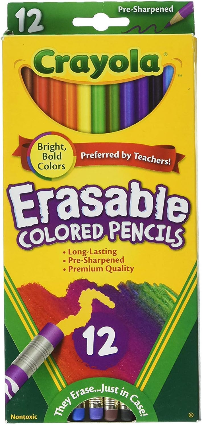 Crayola Erasable Colored Pencils, 12 Non-Toxic, Pre-Sharpened, Kids 4 & Up, Colors may vary