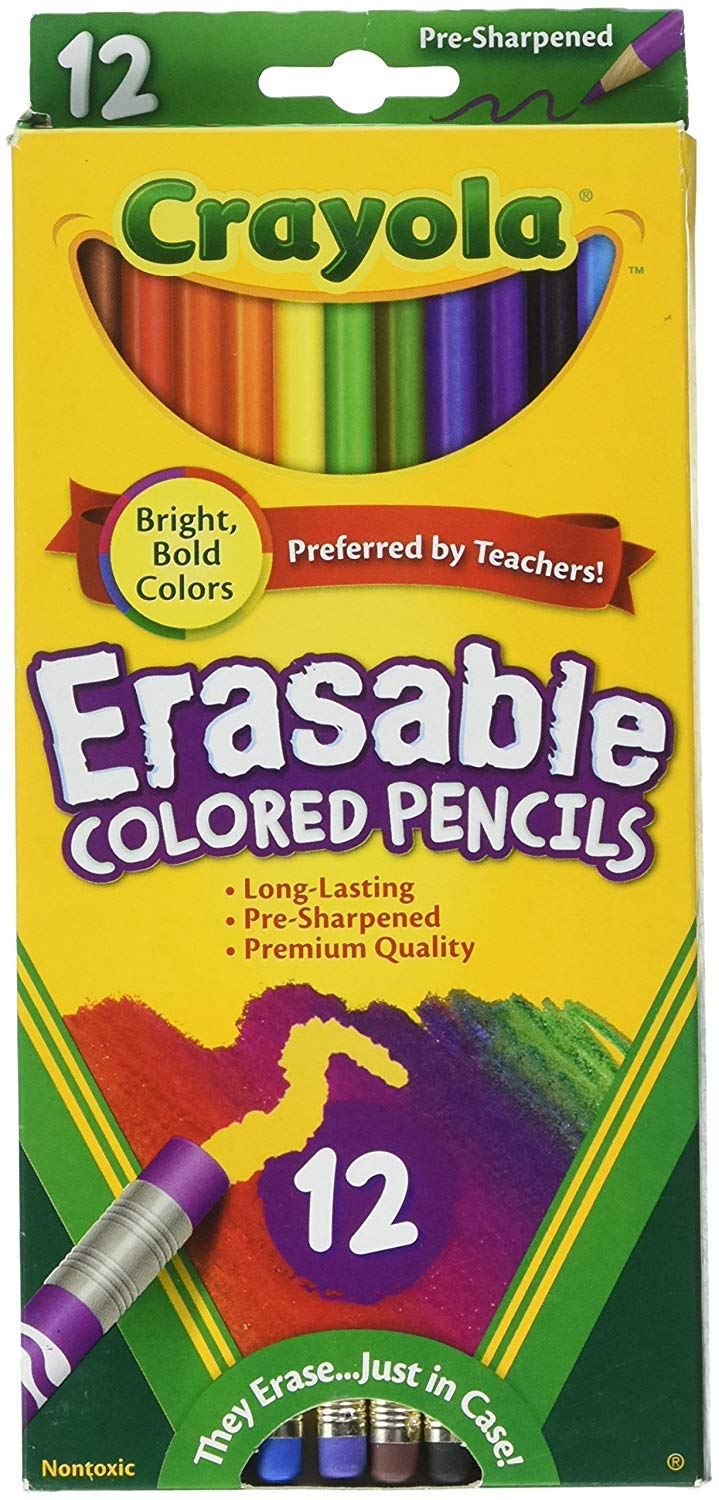 Crayola Erasable Colored Pencils, 12 Non-Toxic, Pre-Sharpened, Kids 4 & Up, Colors may vary