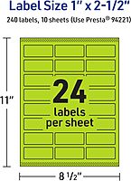 Avery Printable Rectangle Labels, Sure Feed Technology, 1" x 2-1/2", Bright Green, 240
