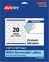Avery Matte White Removable Heart Labels, 1.5" x 1.5", Sure Feed Technology, Print-to-The-Edge, Laser/Inkjet Printable