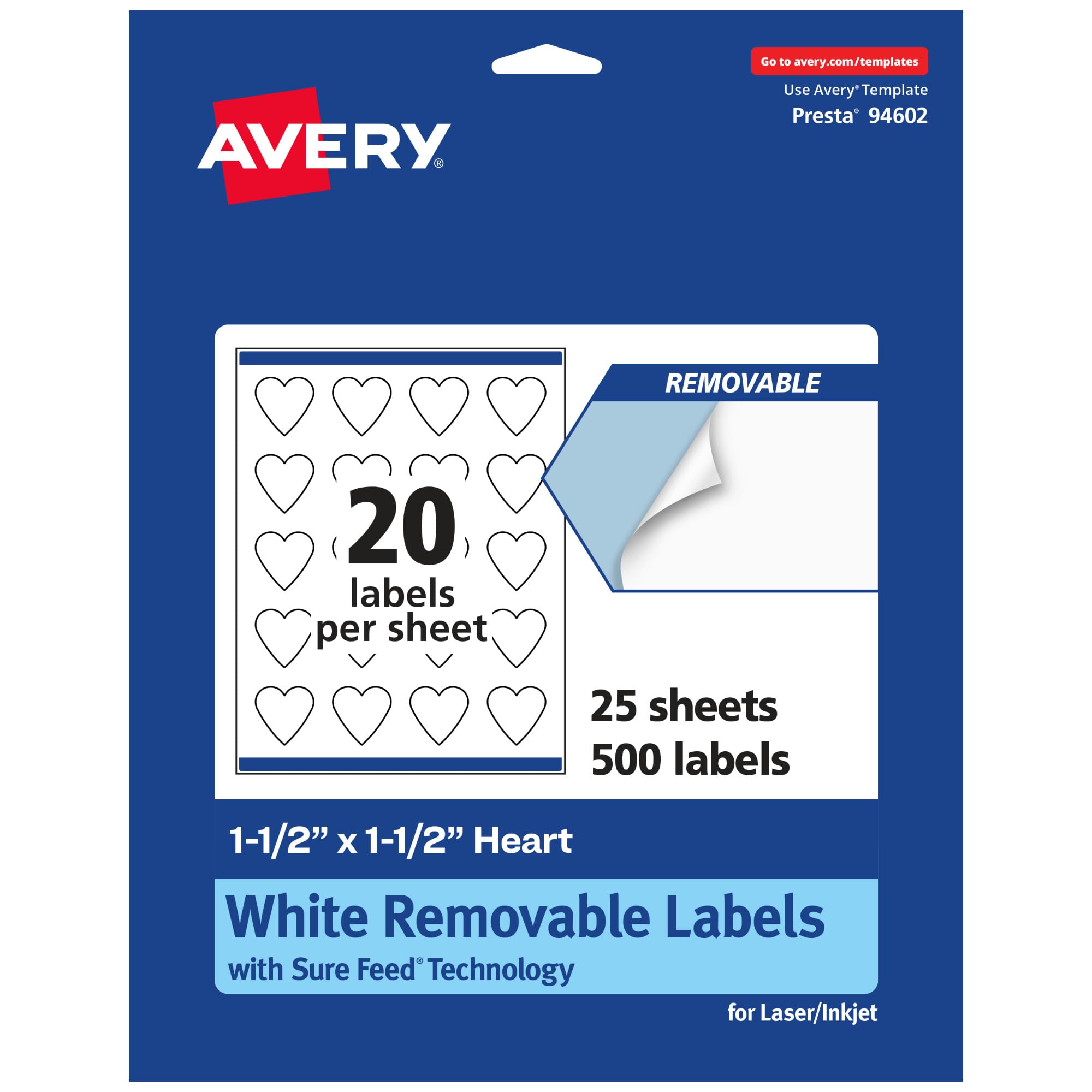 Avery Matte White Removable Heart Labels, 1.5" x 1.5", Sure Feed Technology, Print-to-The-Edge, Laser/Inkjet Printable