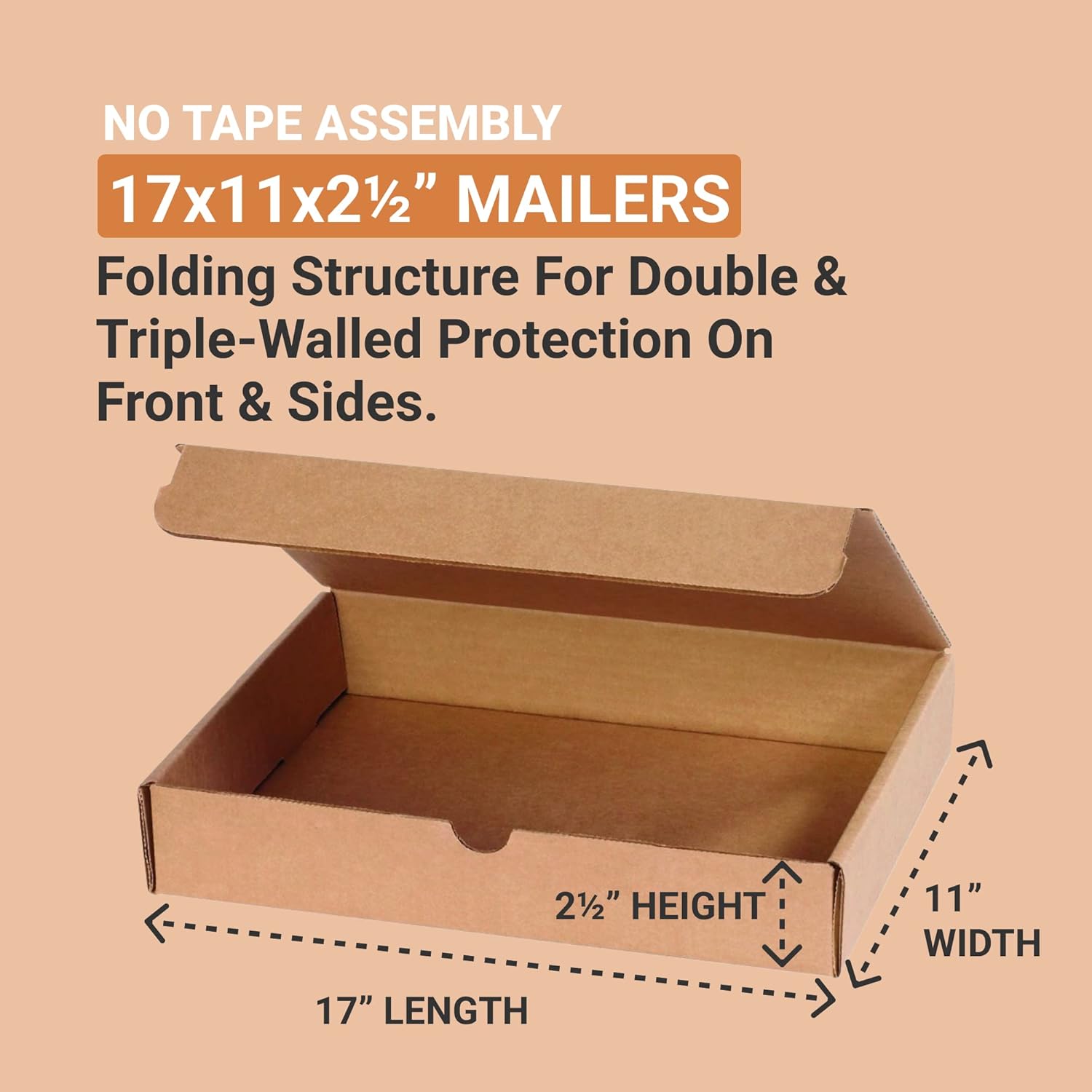 AVIDITI Medium Shipping Boxes 17"L x 11"W x 2.5"H, 25-Pack | Foldable Corrugated Cardboard Crush-Proof Box for Shipping