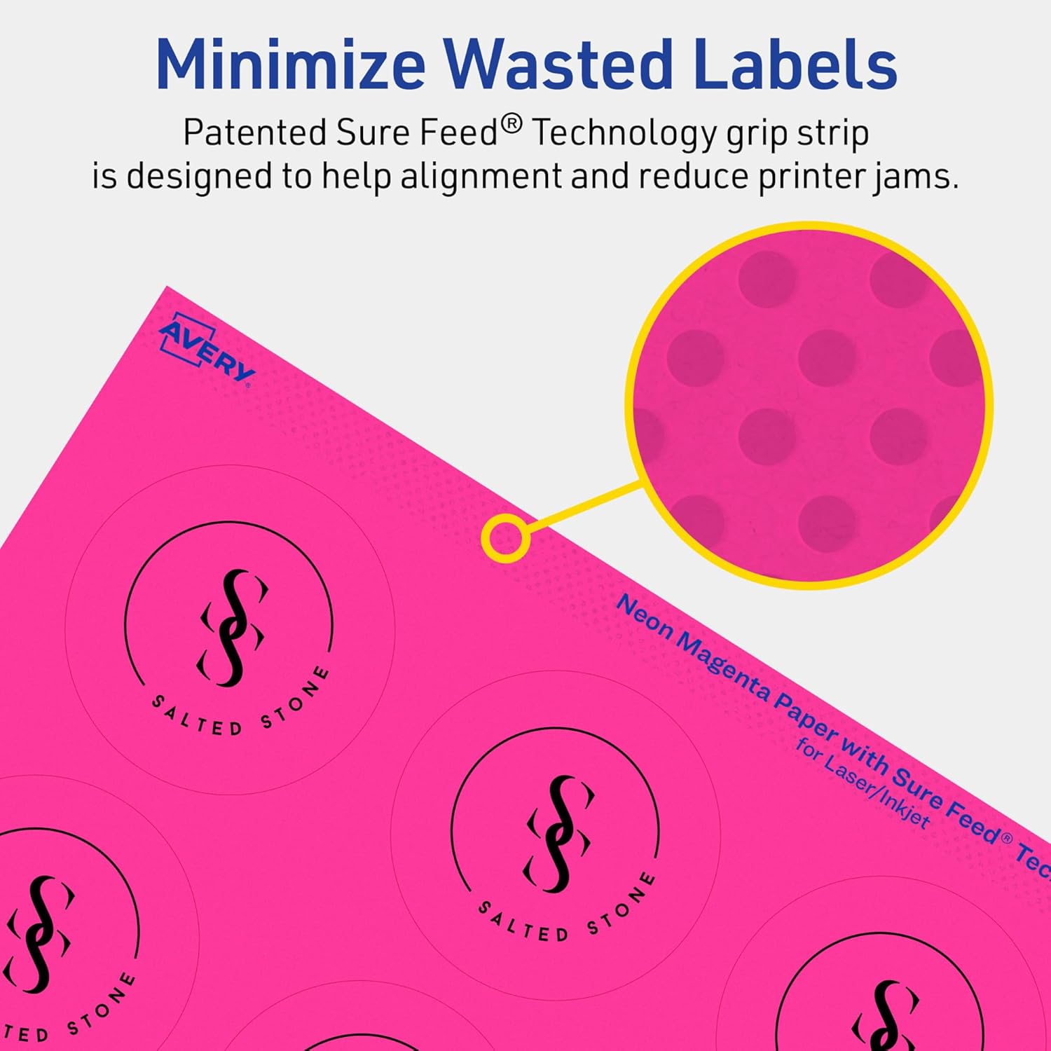 Avery Printable Round Labels, Sure Feed Technology, 2-1/4" Diameter, Neon Magenta, Print-to-The-Edge, Laser/Inkjet Printable