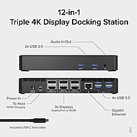 Plugable 12-in-1 USB C Triple Monitor Docking Station, Triple 4K Displays with 3X HDMI or 3X DisplayPort
