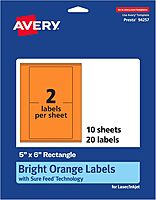 Avery Printable Rectangle Labels, Sure Feed Technology, 5" x 6", Bright Orange Labels, Laser/Inkjet Printable, 20 Total, Great for Shipping and Packaging 20 labels