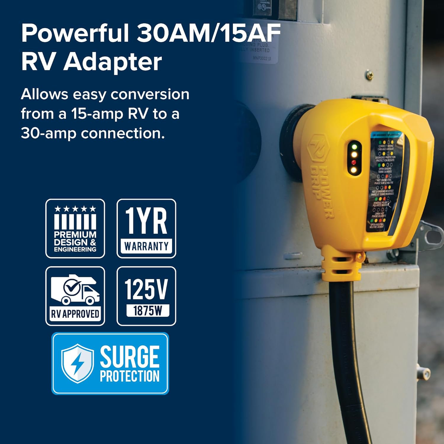 Camco Power Grip RV 12" 30-Amp Circuit Analyzer Dogbone - Features Integrated Surge Protection & Fault Indication, 12"