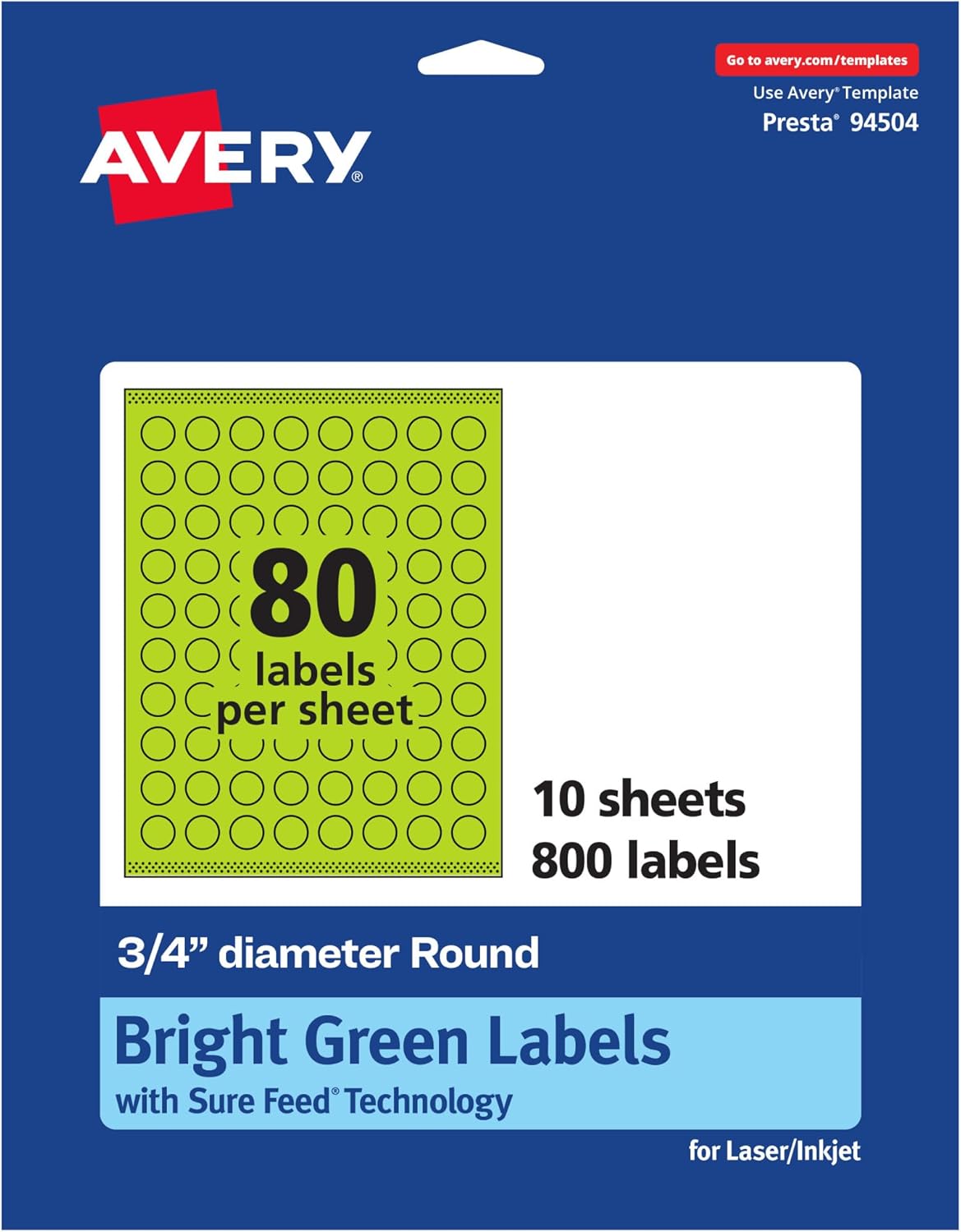 Avery Printable Round Labels, Sure Feed Technology, 3/4 in Diameter, Bright Green, Print-to-the-Edge, Laser/Inkjet