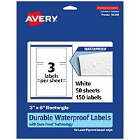 AVERY Durable Waterproof Rectangle Labels, Sure Feed Technology, 3" x 6", Laser/Pigment-Based Inkjet Printable