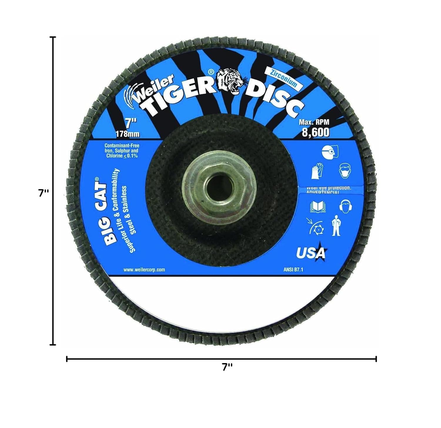 Weiler 804-50844 Big Cat High Density Type 27 Flat Flap Disc, Zirconia Alumina, 7", 60 Grit, 5/8"-11" UNC, 8600 rpm