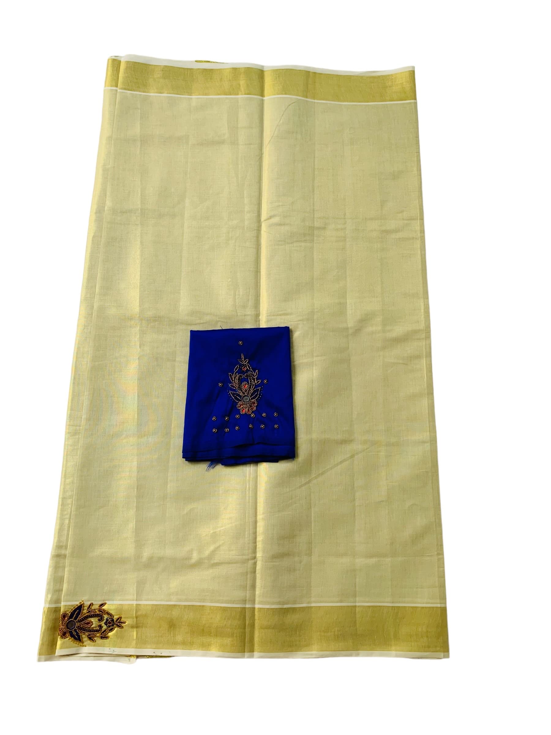 ALLUVY Kuthampully Kerala Kasavu Sarees For Women | Handcrafted Aari work Kerala Sarees | Tissue Onam Saree With Running Blouse | South Indian Sarees | Women's Zari Kasavu | EKM-528 (Blue)