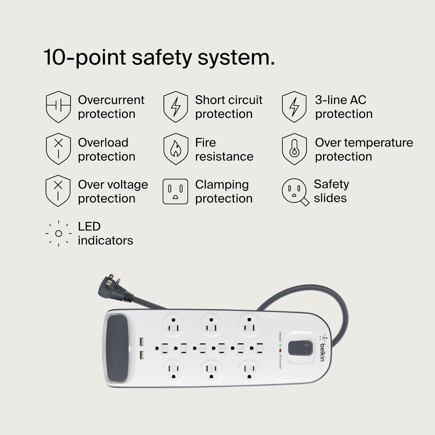 Belkin USB Power Strip Surge Protector - 12 AC Multiple Outlets & 2 USB Ports - 6 ft Long Flat Plug Extension Cord for Home