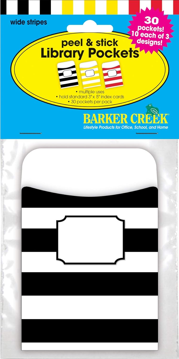 BARKER CREEK Peel & Stick Library Pockets, Wide Stripes, 3 Designs, Great for Holding Library, Index, and Flash Cards
