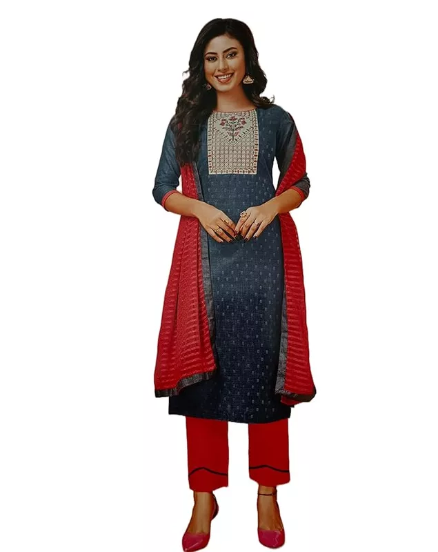 Unstitched Embroidery Salwar Suit Set with Dupatta, Grey and Orange