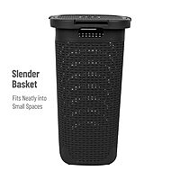 Mind Reader 60L Slim Laundry Hamper with Lid, Wicker-Style Plastic