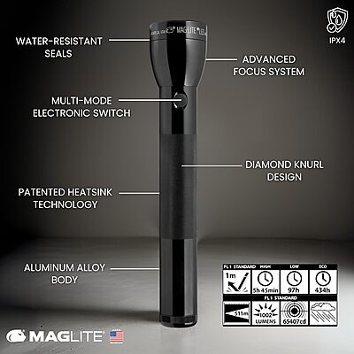 MagLite ML300L 4D LED Flashlight – 1002 Lumens, Long Runtime, Adjustable Beam, Water-Resistant, Aluminum Body – Black