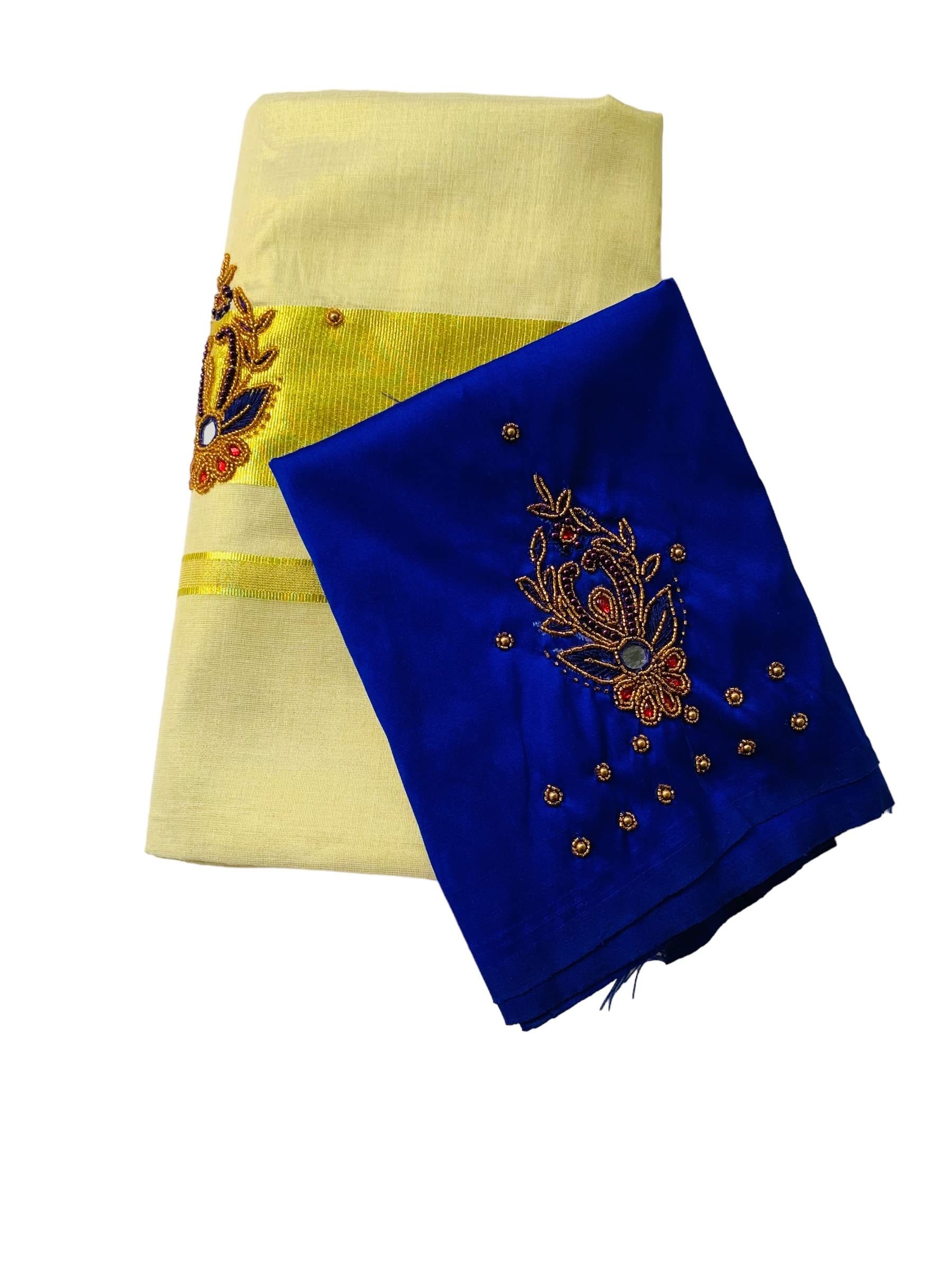 ALLUVY Kuthampully Kerala Kasavu Sarees For Women | Handcrafted Aari work Kerala Sarees | Tissue Onam Saree With Running Blouse | South Indian Sarees | Women's Zari Kasavu | EKM-528 (Blue)