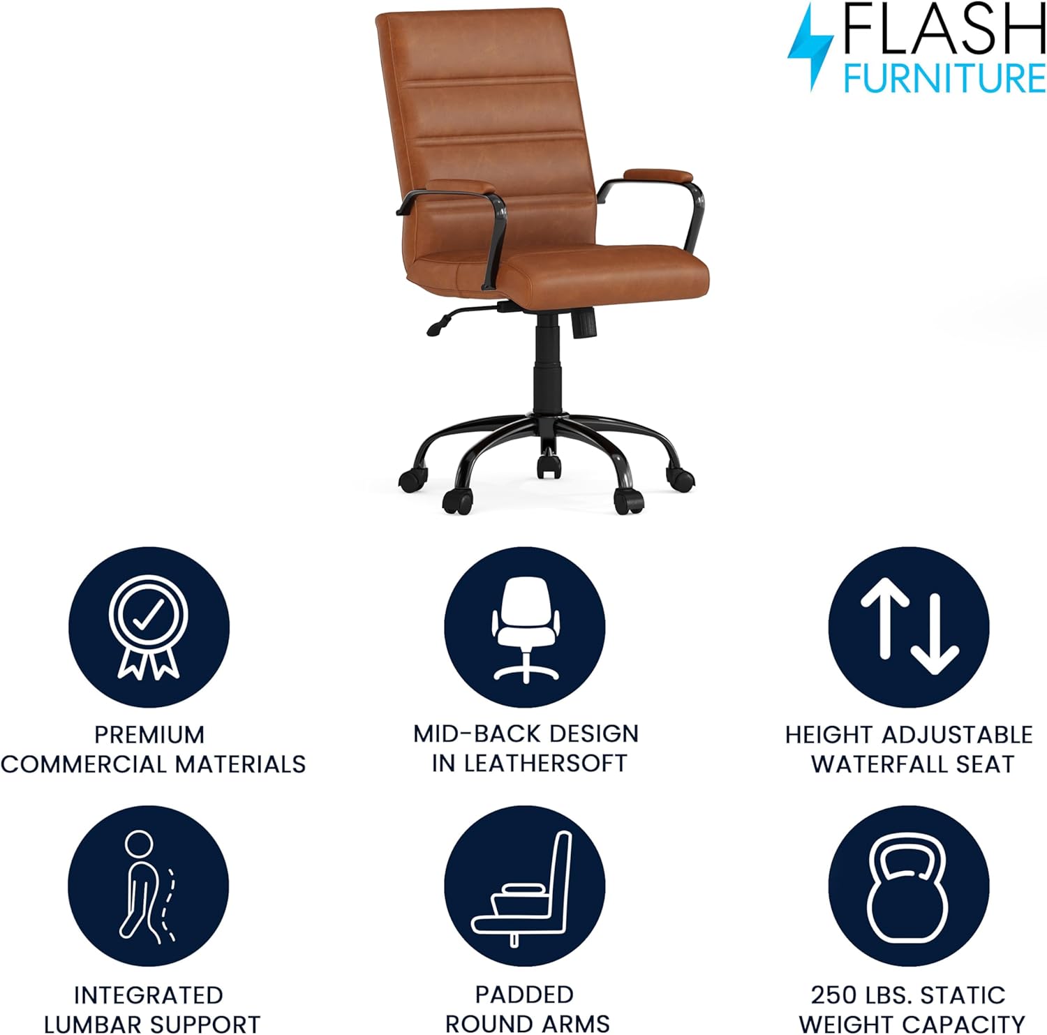 Flash Furniture Whitney Mid-Back Swivel LeatherSoft Desk Chair with Padded Seat and Armrests