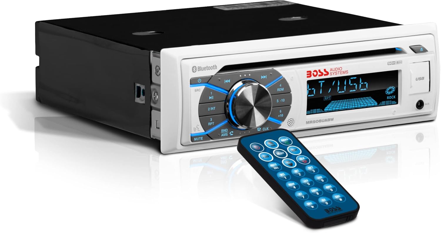 BOSS Audio Systems MR508UABW Marine Boat Stereo - Single Din, Bluetooth Audio and Calling Head Unit, AM/FM Radio Receiver