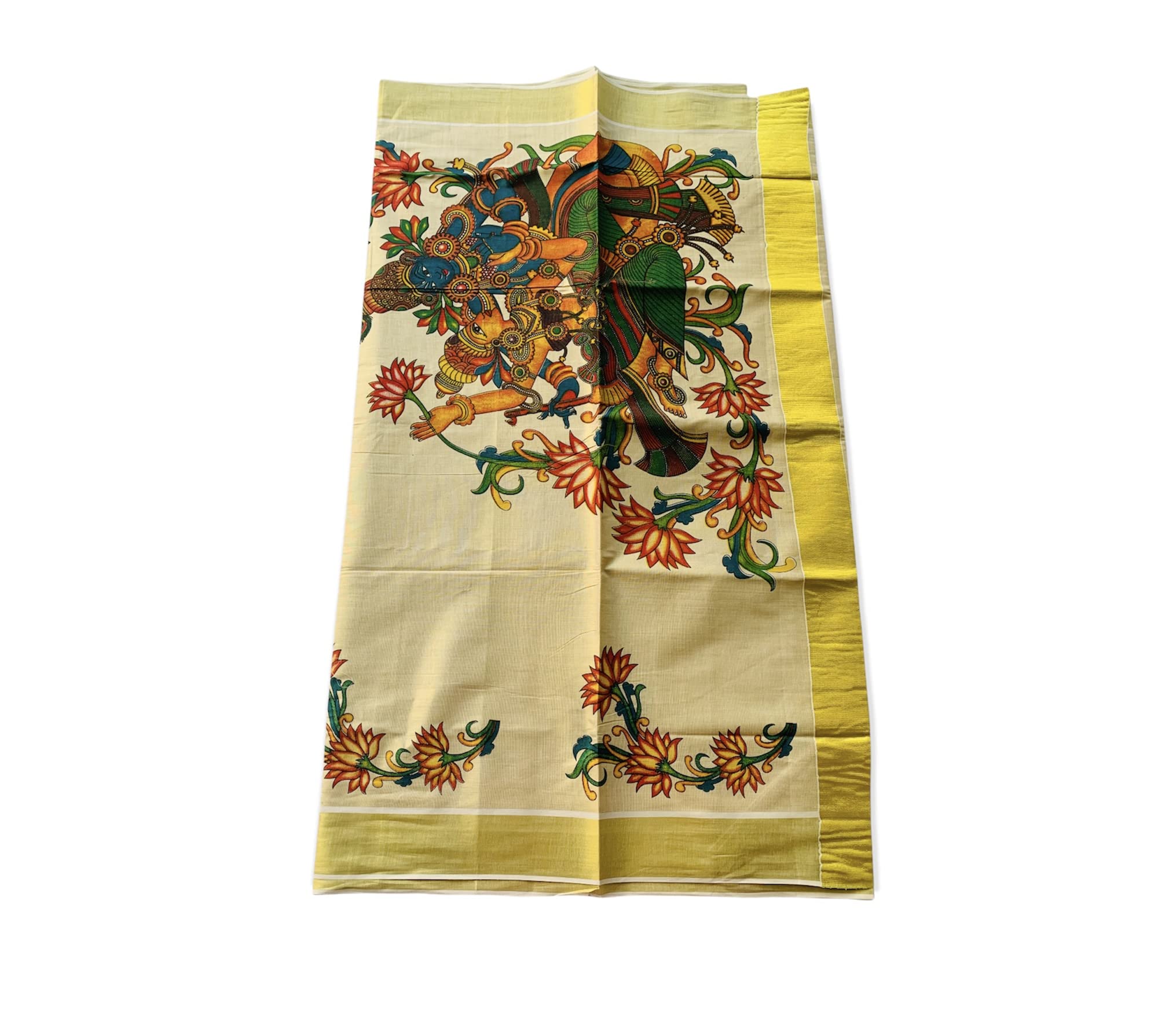 Kuthampully Kerala Kasavu Saree Tissue Mural Painted | Traditional South Indian Saree | Onam Saree - Multi Color KTM-643