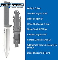 COLD STEEL SRK 6" CPM 3V Clip Point Razor-Sharp Blade 4.75" Kray-Ex Durable Handle Tactical Fixed Blade Knife w/Secure-Ex Sheath