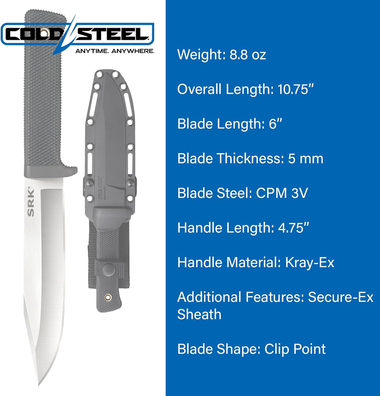 COLD STEEL SRK 6" CPM 3V Clip Point Razor-Sharp Blade 4.75" Kray-Ex Durable Handle Tactical Fixed Blade Knife withSecure-Ex