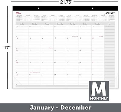 Office Depot Brand Monthly Desk Pad Calendar, 21 3/4" x 17", White, January 2026 to December 2026, OD20260026
