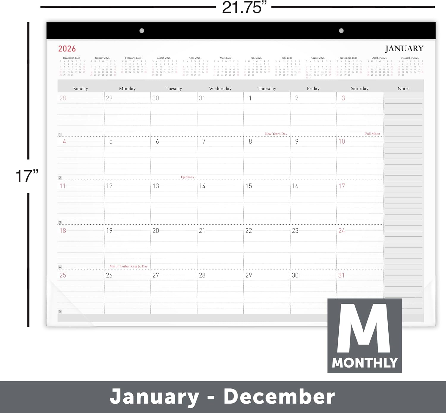 Office Depot Brand Monthly Desk Pad Calendar, 21 3/4" x 17", White, January 2026 to December 2026, OD20260026