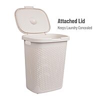 Mind Reader Slim Laundry Hamper with Lid, 50L Ventilated Plastic Wicker Basket