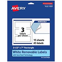 Avery Matte White Removable Rectangle Labels, Sure Feed Technology, Print-to-The-Edge, 2.5" x 7", 45 Removable Labels, Laser/Inkjet Printable 45 labels