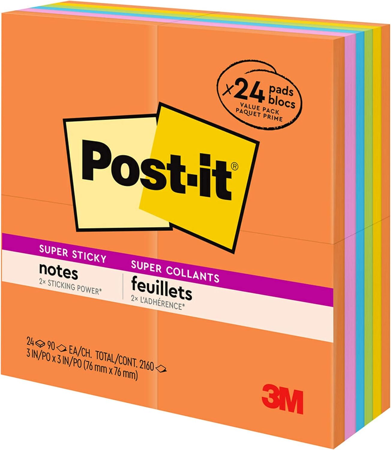 Post-it Super Sticky Notes, 24 Sticky Note Pads, 3 x 3 in., School Supplies for Students, Ideal for Textbooks, Notebooks