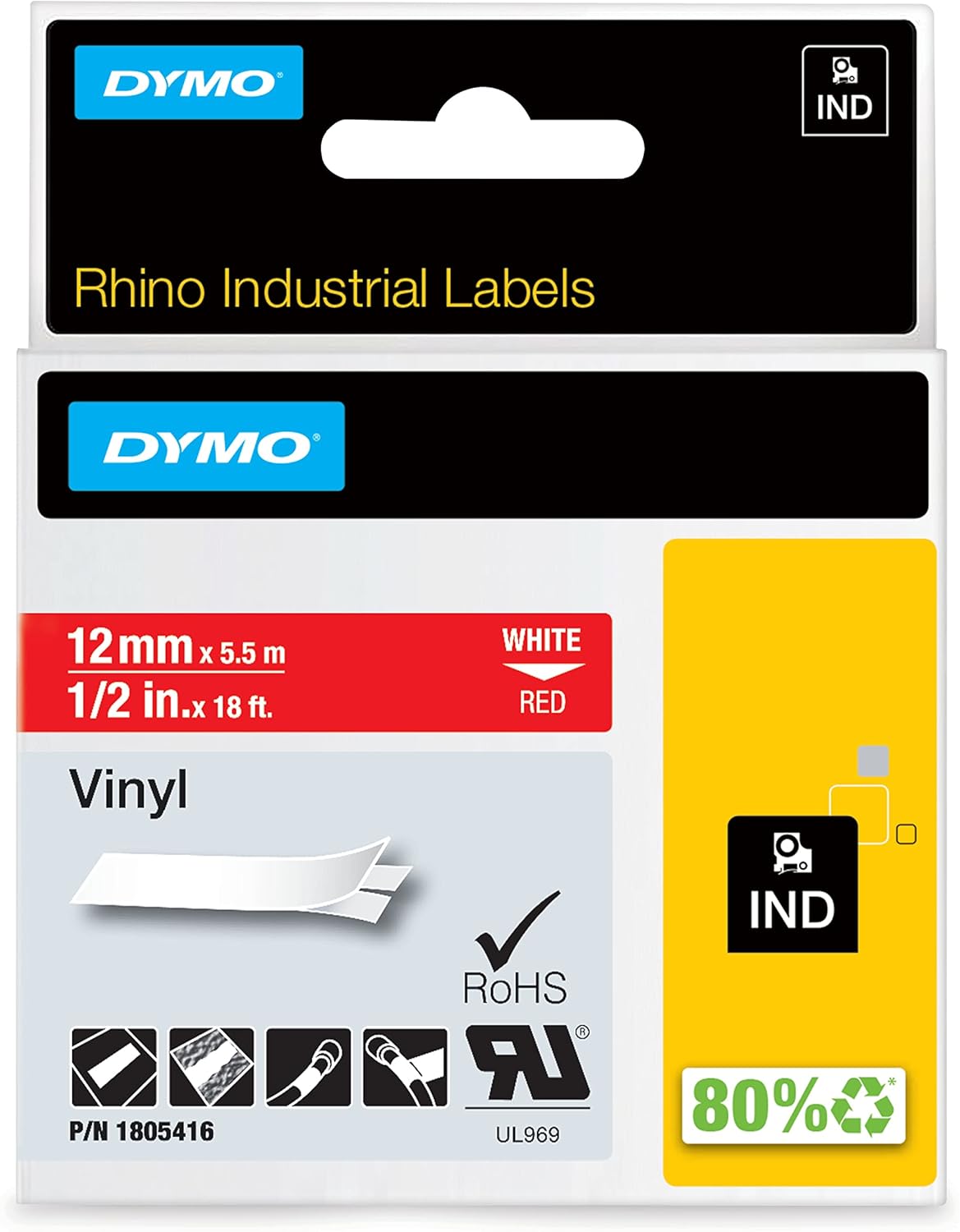 DYMO Rhino Industrial Adhesive Vinyl Label Tape 1/2in x 18ft