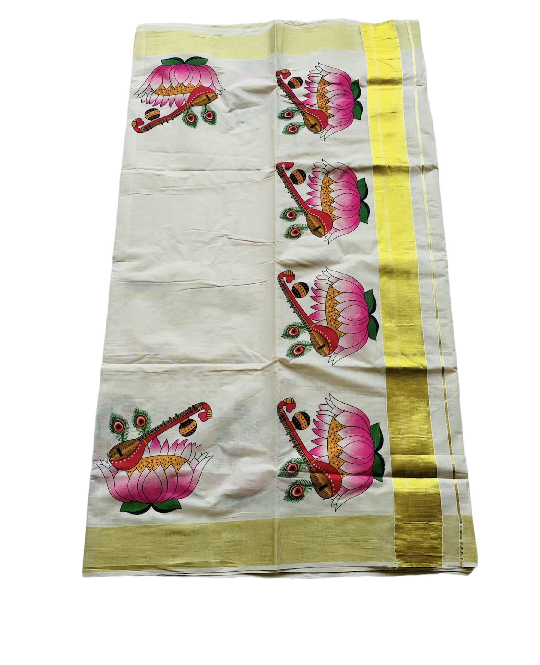 Kuthampully Kerala Sarees For Women | Printed Onam Saree For Women | Multicolor Tissue Mural Cotton Saree | Traditional South Indian Sarees | Authentic Women's Zari Kasavu | EKM-486 | Pack Of 1