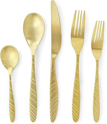 MegaChef La Vague 20 Piece Flatware Utensil Set, Stainless Steel Silverware Metal Service for 4 in Matte Gold