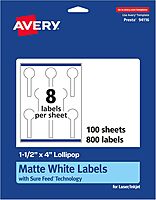 Avery Matte White Lollipop Labels, Sure Feed Technology, 1.5" x 4", 800 White Labels, Print-to-The-Edge, Permanent Adhesive, Laser/Inkjet Printable 800 labels