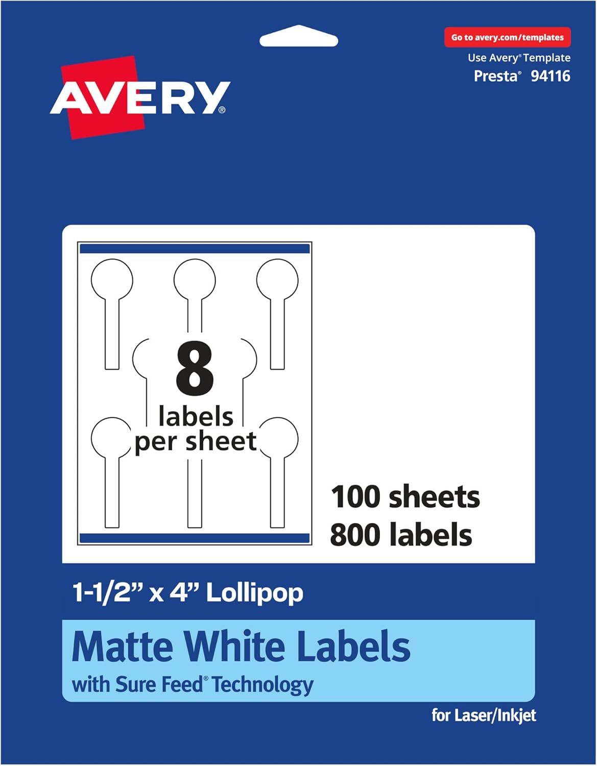 Avery Matte White Lollipop Labels, Sure Feed Technology, 1.5" x 4", 800 White Labels, Print-to-The-Edge, Permanent Adhesive