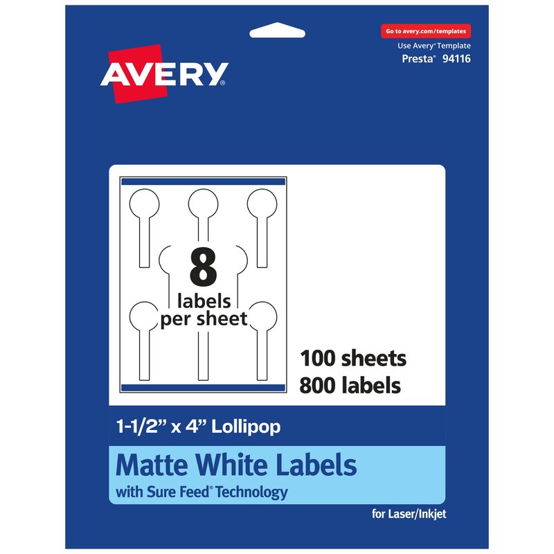 Avery Matte White Lollipop Labels, Sure Feed Technology, 1.5" x 4", 800 White Labels, Print-to-The-Edge, Permanent Adhesive, Laser/Inkjet Printable 800 labels