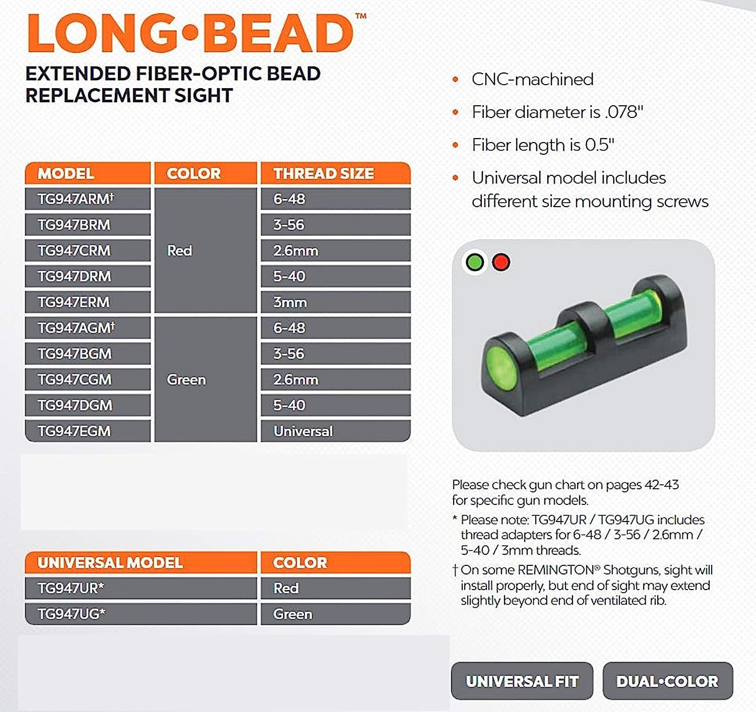 TRUGLO Long Bead Fiber Optic Sight 2.6mm Green