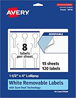 Avery Matte White Removable Lollipop Labels, Sure Feed, 1.5" x 4", 120 Labels