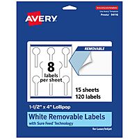 Avery Matte White Removable Lollipop Labels, Sure Feed, 1.5" x 4", 120 Labels