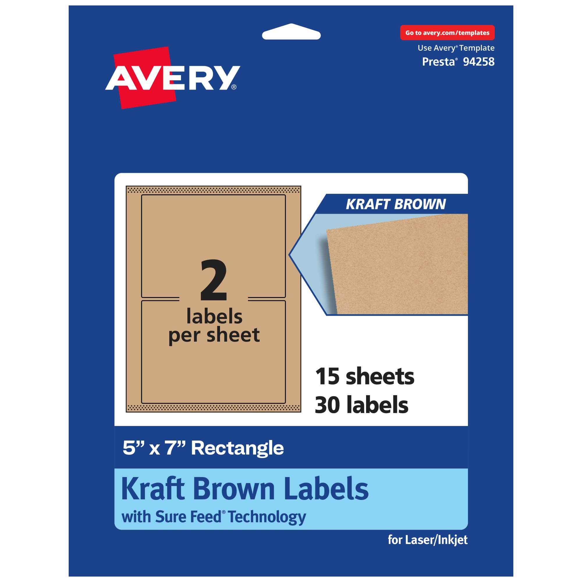 Avery Kraft Brown Rectangle Labels, Sure Feed Technology, 5" x 7", 30 Kraft Brown Labels, Laser/Inkjet Printable 30 labels